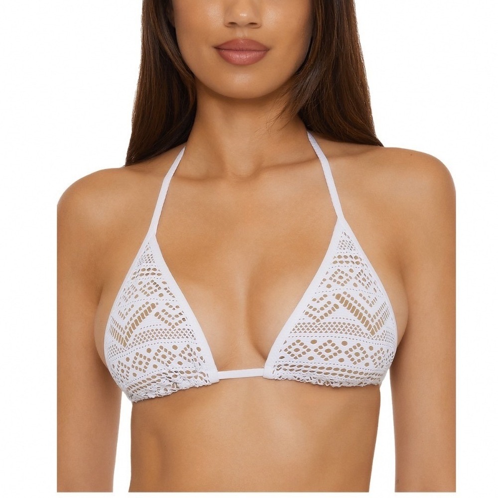 BECCA by Rebecca Virtue Color Play Crochet Triangle Bikini Top White Tan Large